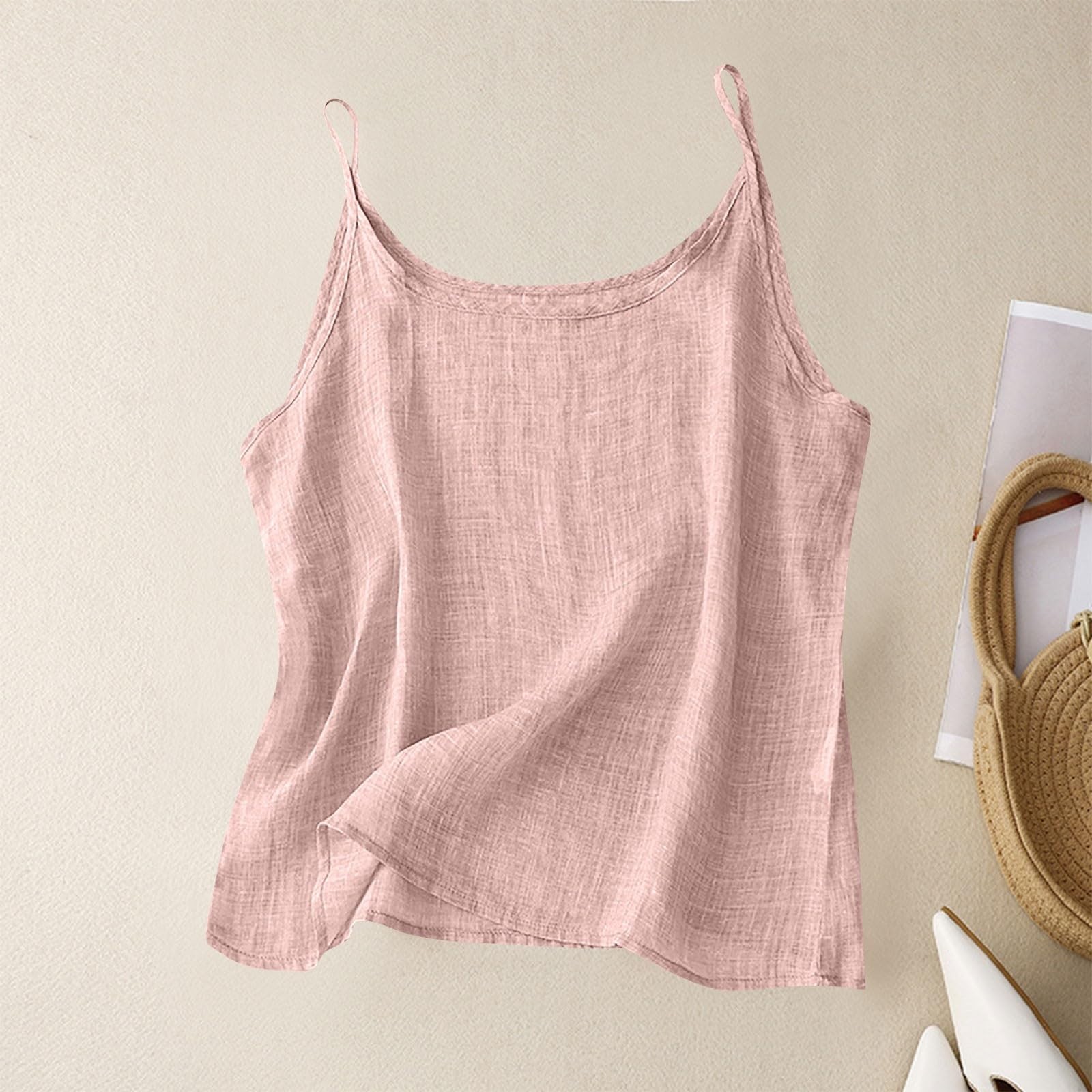 thumbnail image 2 of Camiseta sin mangas de lino para mujer - Top informal de tirantes fluido de color liso, 2 of 6